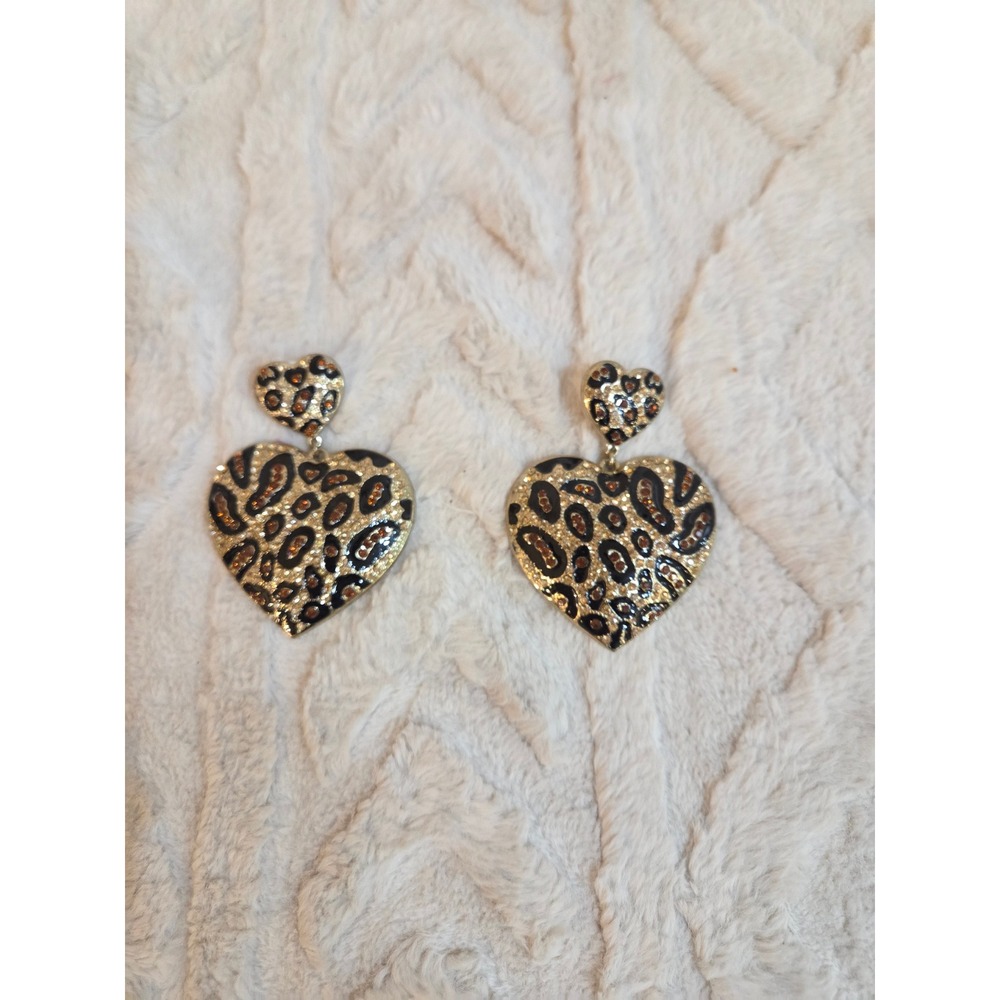 Leopard Print Heart Drop Earrings Gold Tone Animal Print Dangle Hearts